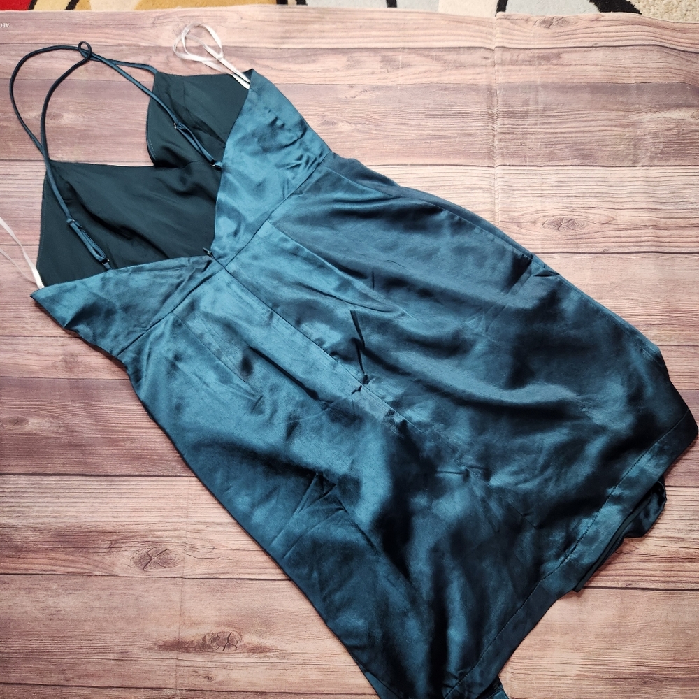 Lulus Hot Night Out Teal Green Satin Surplice Faux-Wrap Dress - Picture 3 of 7